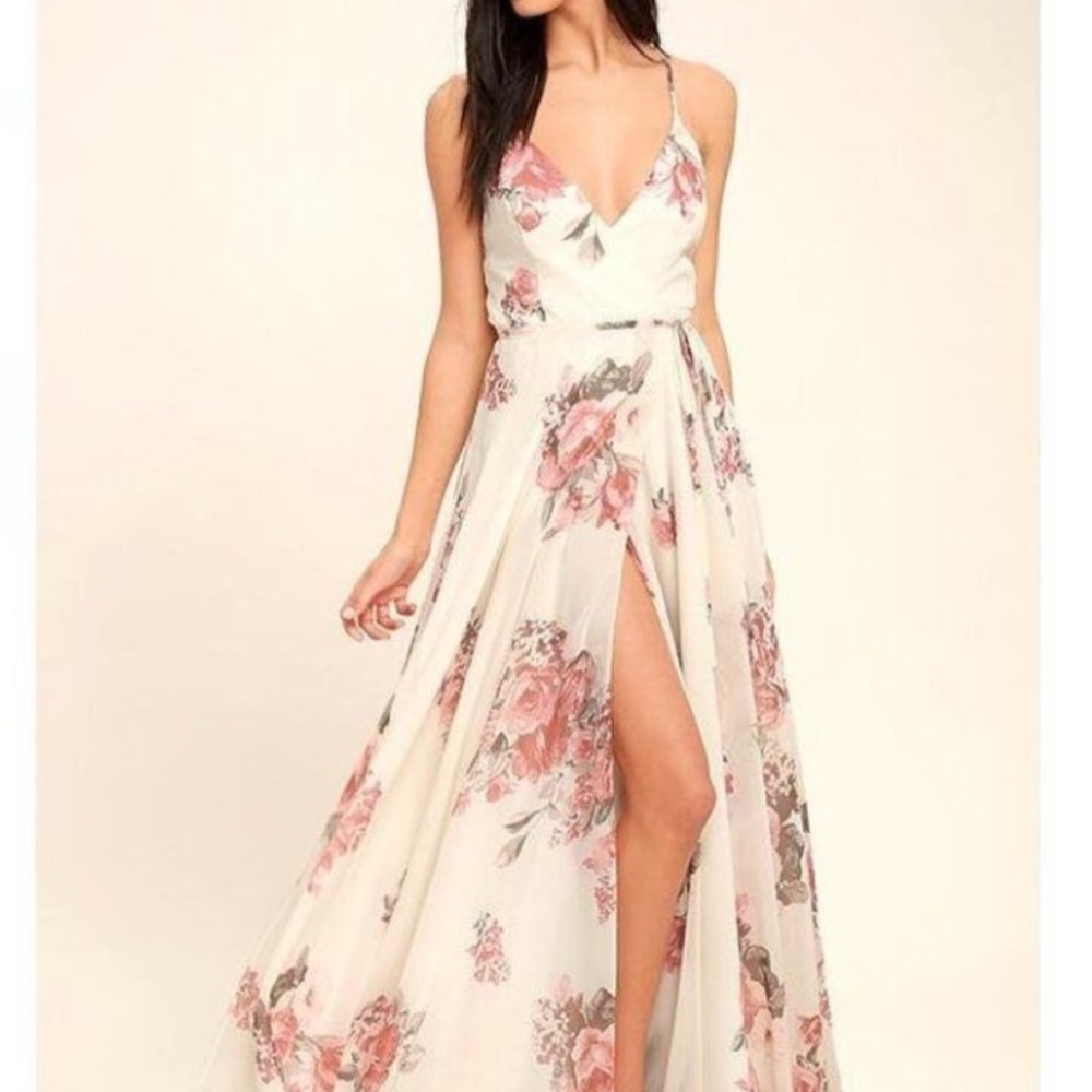 Lulu's Cream Floral Maxi Dress